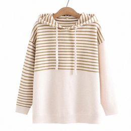 4xl Autumn Plus Size Jumper Woman Clothing LOOSE Knitted Pullover Winter Fi Stripe Colour Block Hooded Curve Sweaters e2TL#