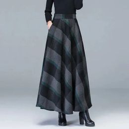 Elegant tweed plus size pläd långa kjolar för kvinnor höst vinter elastisk hög midja a-line kjol casual lös kjolar streetwear