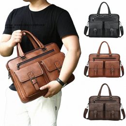 executive Briefcase Bag for Man PU Leather Vintage Tote Male Handbags Laptop 14 Shoulder Busin Menger Crossbody Ita Bag K4vY#