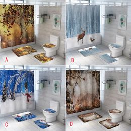 Shower Curtains Waterproof Christmas Curtain And Toilet Seat Cover Mat Non Slip Rug Snowman Elk Pattern Bathroom Set Home Decor