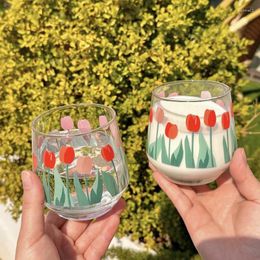 Wine Glasses Ins Korean Glass Cup Girly Heart Tulip Coffee Milk Juice Tea Cups Transparent Beer Tumbler Simple Desktop Decor Mug