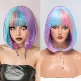 HAIRJOY Synthetic Hair Short Straight Mixed Rainbow Colour Wigs Purple Blue with Blonde Red Highlights Bob Wig for Women