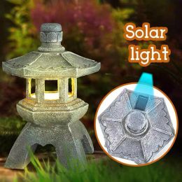 Solar LED Stone Pagoda Lantern Waterproof Resin Zen Stone Tower Lamp Non-Fading Antique Lamp for Balcony Garden Decor