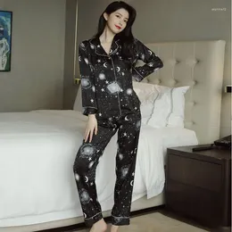 Home Clothing Women Satin 2PCS Sleep Set Intimate Lingerie Pajamas Suit Novelty Long Sleeve Black Casual Nightwear Pyjamas