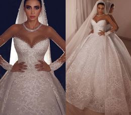 Casamento 2024 vestido árabe sheer neck cristal manga longa rendas frisado vestidos de noiva vestidos de novias feito sob encomenda