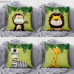 Pillow Cartoon animal zoo Hold case Jungle green leaf Sofa chair cushion cover childrens room home decoration Y240401