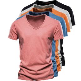 Summer 100% Cotton Men Tshirt Vneck Fashion Casual Slim Pure Colour Tshirts Male Tops Tees Short Sleeve T Shirt For 240321