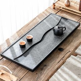 Teaware Sets Black Stone Tea Tray Hand Carved Weighted Table For Kungfu Set Water Draining Serving Trays Multi Size Business