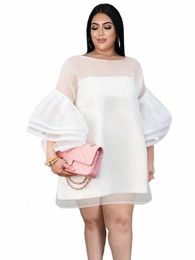 plus Size 4XL Loose Dres for Women White O Neck Mesh Tierred Robes Flare Sleeve Mini Gowns Party Event Ocn Outfits Fall V5h7#