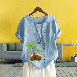 Women's T Shirts Ladies Casual Solid Short Sleeve Blouse Summer Beautiful Coconut Tree Printed Vintage Loose Cotton Linen Tops XS-5XL