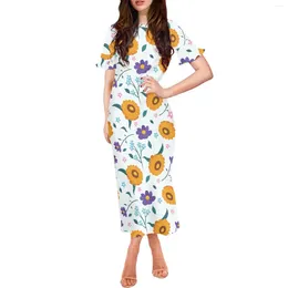 Party Dresses Women's Sunflower Floral Design Print Lotus Sleeves Slim Fashion Short-Sleeved Dress Polynesian Tribe Hawaiian Clothing Luxury