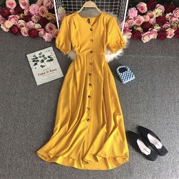 Summer New Korean Edition Loose And Clear Colour Waist Collection Cardigan Short Sleeved Button Long Elegant Flare Dress 834294