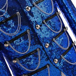 Royal Blue Sequin Embellished Military Blazer Jacket Men Stage Party Prom Mens Tuxedo Suit Jacket Singer Show DJ Costume Homme