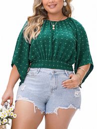 gibsie Plus Size Swiss Dot 3/4 Sleeve Crop Top Women 2024 New Summer Cutout Tie Back Short Blouse Sweet Casual Boho Woman Shirts 11mk#