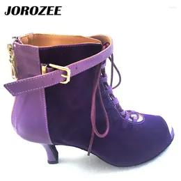 Dance Shoes JOROZEE Latin Boots Purple Velvet Leather Party Ballroom Dancing Soft Outsole 7.5cm High Heel