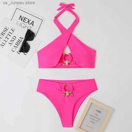 Women's Swimwear Two-Piece Bikini Sets 2023 Swimwear Push-up Halter Neck Hollow Out Bra Tops+Low Waist Thong Female Brazilian Biquinis Beachwear T240330