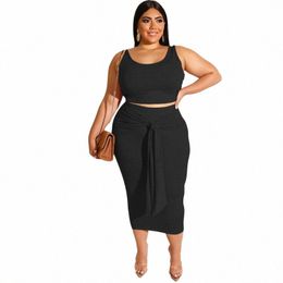 cm.yaya Women Sets Plus Size Solid Tank Tops Bandage Sheath Elastic Lg Skirts Two 2 Piece Set Tracksuit Summer Outfit 2021 p5RC#