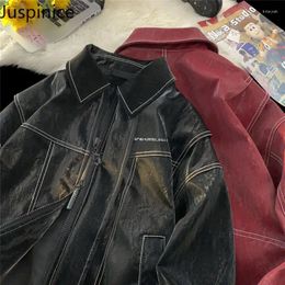 Men's Jackets American Style PU Leather Patchwork Handsome Loose Casual High Street Jacket Men Tops Overcoat Male Clothes