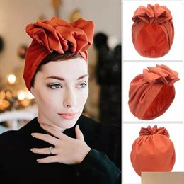 Beanie/Skull Caps 2022 New Fashion Womens Headdresses Muslim Hijab Scarf Solid Colour French Vintage Headband Ladies Flowers Dhgarden Dhnoy