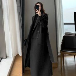 Sonbahar Kış Kış Kadınları Yünlü Kumaş Ceket Sıcak Uzun Uzunluk Çift Göğüslü lacivert Kadın Zarif Dış Giyim Gevşek Kemer Palto