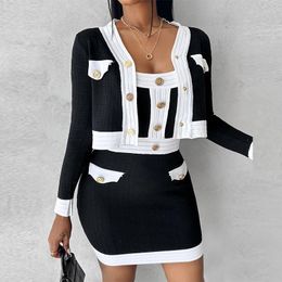 Work Dresses 2024 Women Knitted Contrast Color Coat Button Patchwork Sling Mini Dress Two Piece Elegant Women's Skirt Set Female Outfit