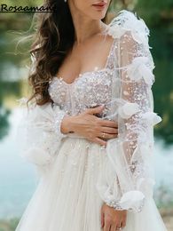 Glitter Sequined Beading Long Sleeve A-Line Wedding Dresses Sweetheart 3D Flowers Feathers Bridal Gowns