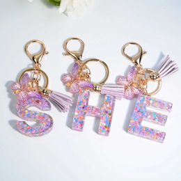 Keychains Lanyards Exit A-Z 26 letter resin butterfly keychain purple snowflake sequin filled letter keychain car keychain pendant J240330