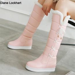 Boots 2023 Winter Warm Pink White Snow Boots Women Shoes Low Heels Knee High Boots Female Laceup Platform Plush Long Boats Mujer