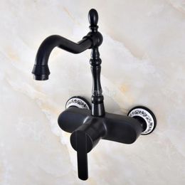 Bathroom Sink Faucets Black Oil Rubbed Bronze Wall Mounted Basin Faucet / 360 Swivel Spout Kitchen Mixer Taps Tnf841