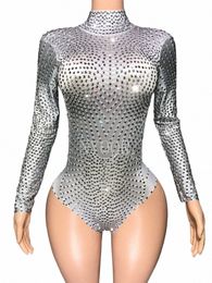sparkly Rhinestes Lg Sleeve Bodysuit Sexy Dance Costume Drag Queen Show Performance Club Leotard Stage Wear d8NS#