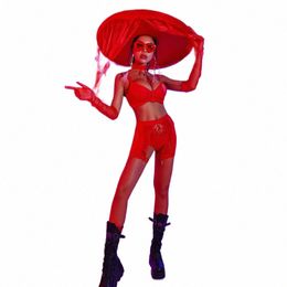 new Red Sexy Bikini Sets Jazz Dance Costumes For Women Nightclub Bar Dj Pole Dance Clothing Hip Hop Performance Wear DQS12717 33nh#