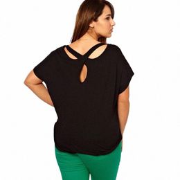 plus Size Back Criss Cross Summer Elegant Top Women Short Batwing Sleeve Loose Casual T-shirt Large Size Work Office Tee 6XL 7XL T6vq#