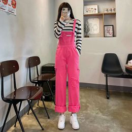 Backband pants for girls in spring and autumn new internet red dirty pink love age reducing trend ripped straight leg denim suspender pants