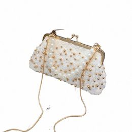 elegant Crossbody Bag For Women Pearls Decorati Seell Shape Ladies Handbag Kiss Lock Side Bag with Detachable Metal Chain p95t#