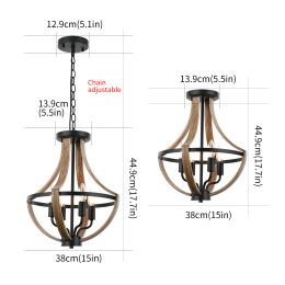 15" 4-Light Adjustable Height Pendant Light Convertible Vintage Flush Mount Ceiling Light Fixture Dinner Room