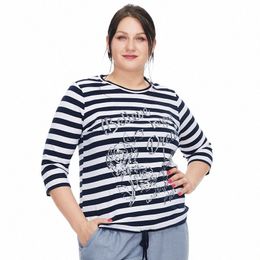 astrid Women's t-shirt 2022 Knit Cott Top Female Plus Size stripes Clothing Vintage Fi Print Trends O-neck blouses Tees p9xh#