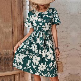 Summer Skirt Womens Elegant Green Printing Pleated Dress