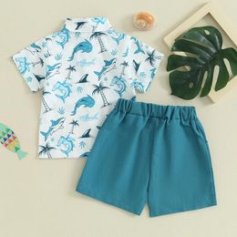 Clothing Sets Toddler Boys Summer Shorts Short Sleeve Lapel Whale Print Tops And Solid Colour