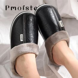 Winter Home Slippers for Men Memory Foam Massage House Slippers With Fur PU Leather Waterproof Indoor Male slipper Plus Size 51
