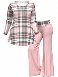 women Plaid Matching Set Flare Pant and Round Neck T Shirt Two Piece Sets Spring Casual Soft Sporty Fi Plus Size Outfits X2Ic#