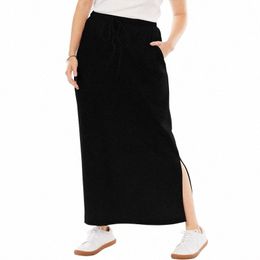 plus Size Knot Drawstring Waist Summer Spring Lg Skirt Women Elastic Waist Slit Pocket Sides Black Casual Sports Skirt 6XL 7XL h42y#