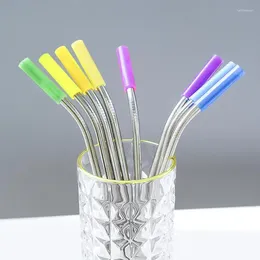 Drinking Straws 10Pc Caps Silicone Straw Set Reusable Stainless Steel Straight And Bent Tip Covers Food Grade Sleeve Wholesale