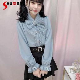 Women's Blouses Japanese Style Lolita Ribbon Bow Shirt For Women 2024 Spring Sweet Cute Mine Series Mass Production Lace Pleating