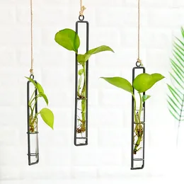 Vases Wooden Frame Hanging Glass Vase Living Room Wall Pendant Hydroponic Flower Plant Container Home Decoration