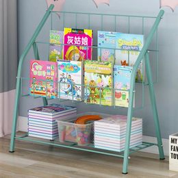 Hooks Metal Reading Bookshelf Home Living Room Storage Shelves Multi-layer Children's Toys Rack Basket Picture Book Organizer