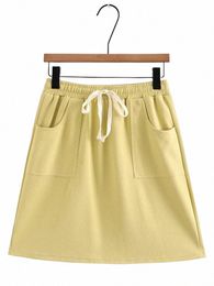 plus Size Women's Clothing Half-Skirt Elasticated Waist With Drawstring Solid N-Stretch Mini Skirt With Pocket Summer Skirt n2qG#