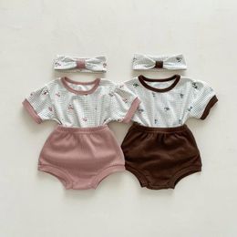 Clothing Sets Cute Born Baby Girl Clothes Summer Short Sleeve Flower Print Plaid T-shirt Top Solid Bloomer Headband 3PCS Set