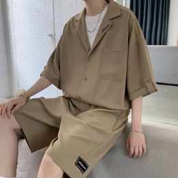 Mens Summer Suit Casual Solid Colour Loose Shirt Shorts 2Piece Set Streetwear Fashion Korean Style Unisex Comfortable 240321