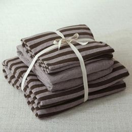 Bedding Sets 4pcs Cotton Jersey Knitted Fabric Coffee Color Stripe Bed Set Double 150 180cm Solid Fitted Sheet