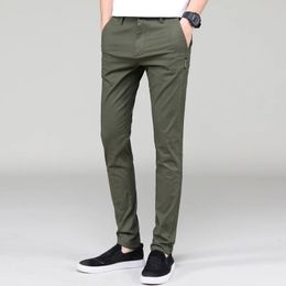 Mens Lightweight Casual Pants Slim Fit Classic Straight Trousers Summer Cotton Joggers Solid Army Green Stretch Male 240326
